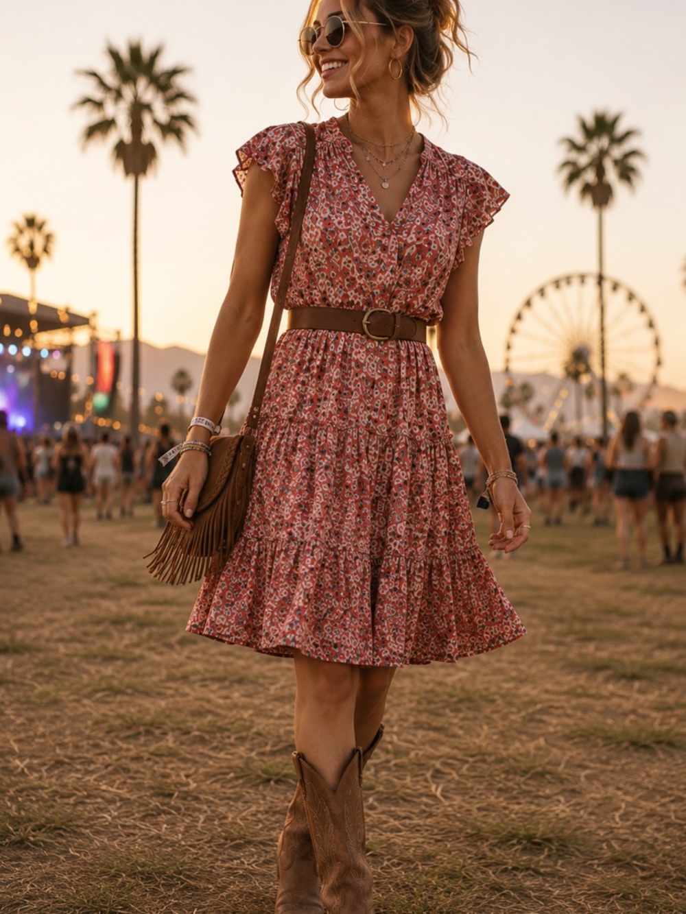 Monteau Red Floral V-Neck Tiered Mini
 Dress